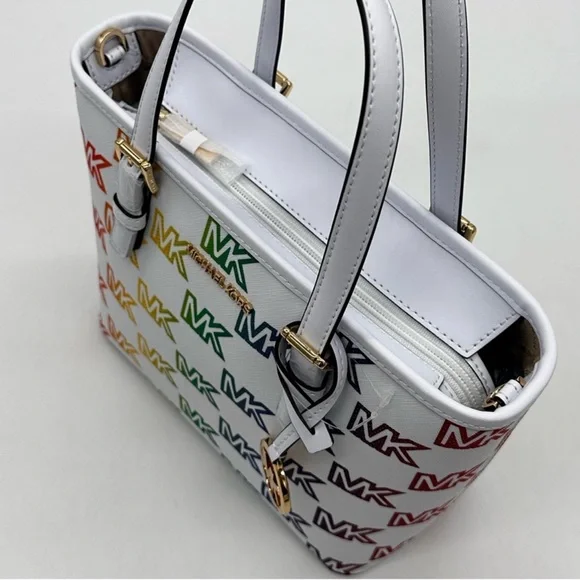 Michael Kors Jet Set Travel Extra-Small Top Zip Tote Bag Rainbow Optic White - Picture 9 of 11